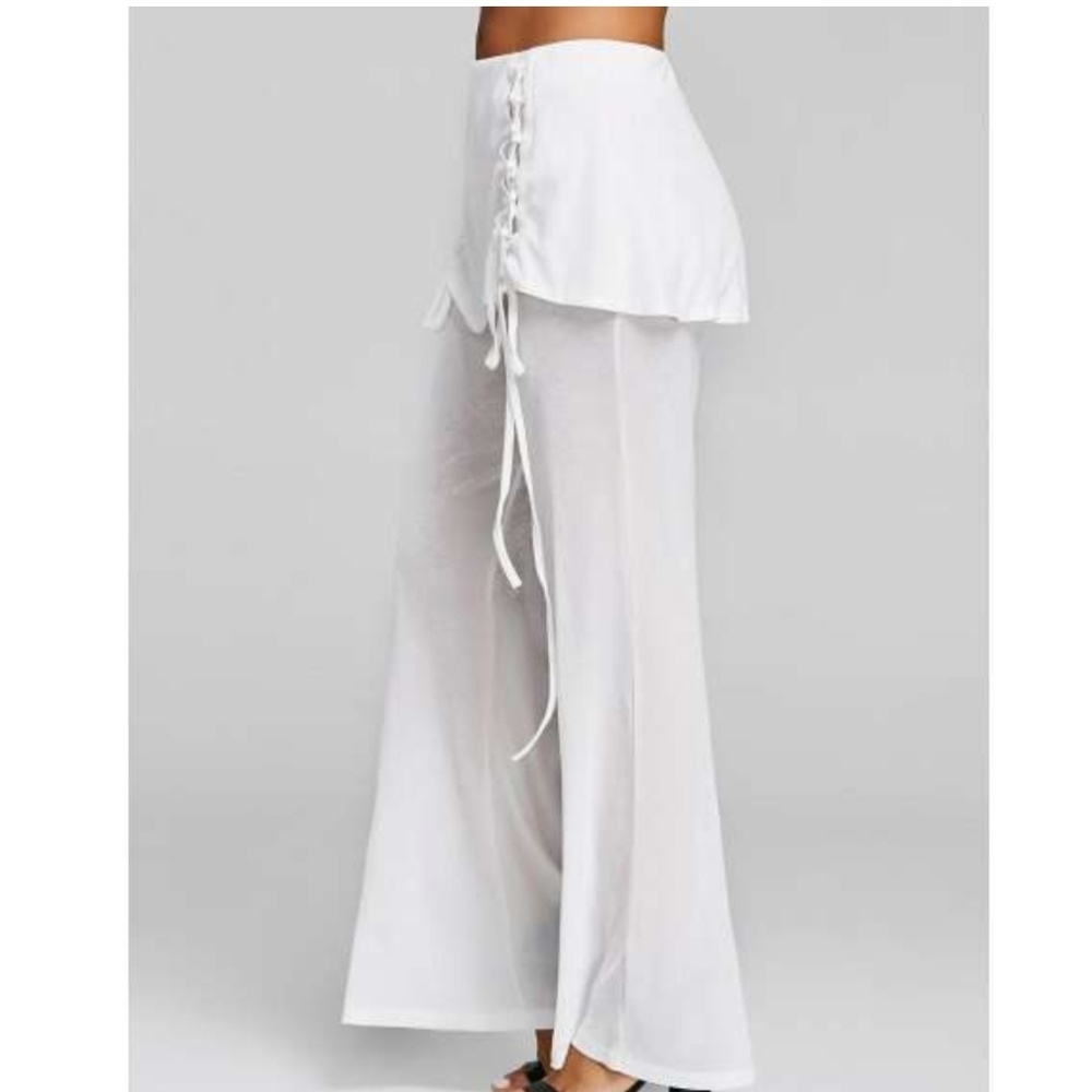 Wide Leg Pants Cozy Chic Lace Up Peplum - Picture 3 of 7